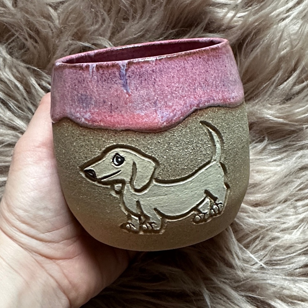 Pink Salt Ceramics Dachshund Handcrafted Pink and Tan Dog Mug One of a Kind